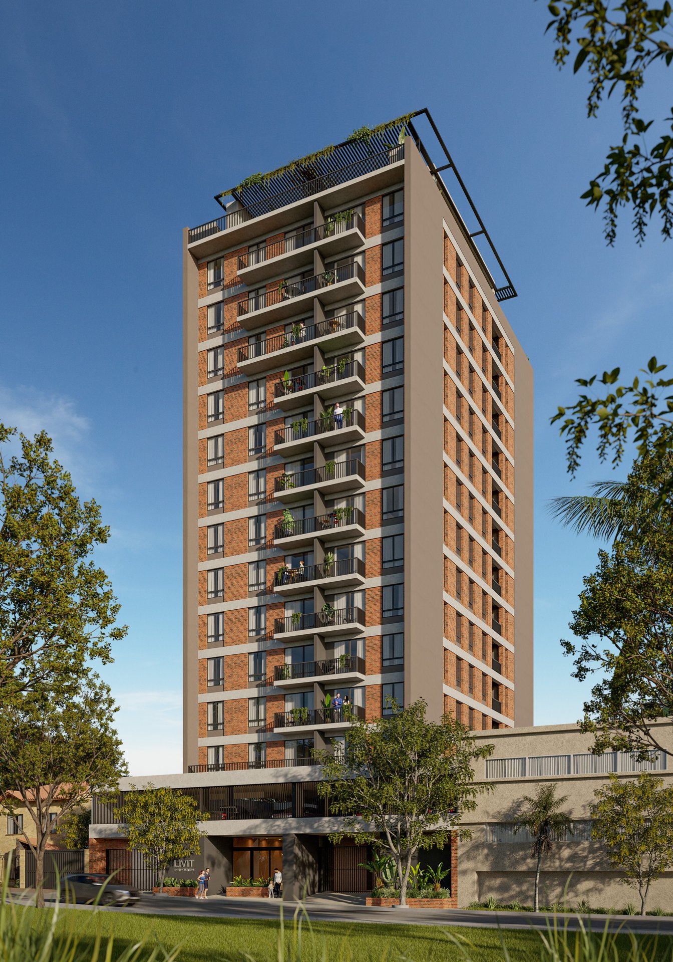 Fachada de la torre residencial en el eje corporativo de Asunción