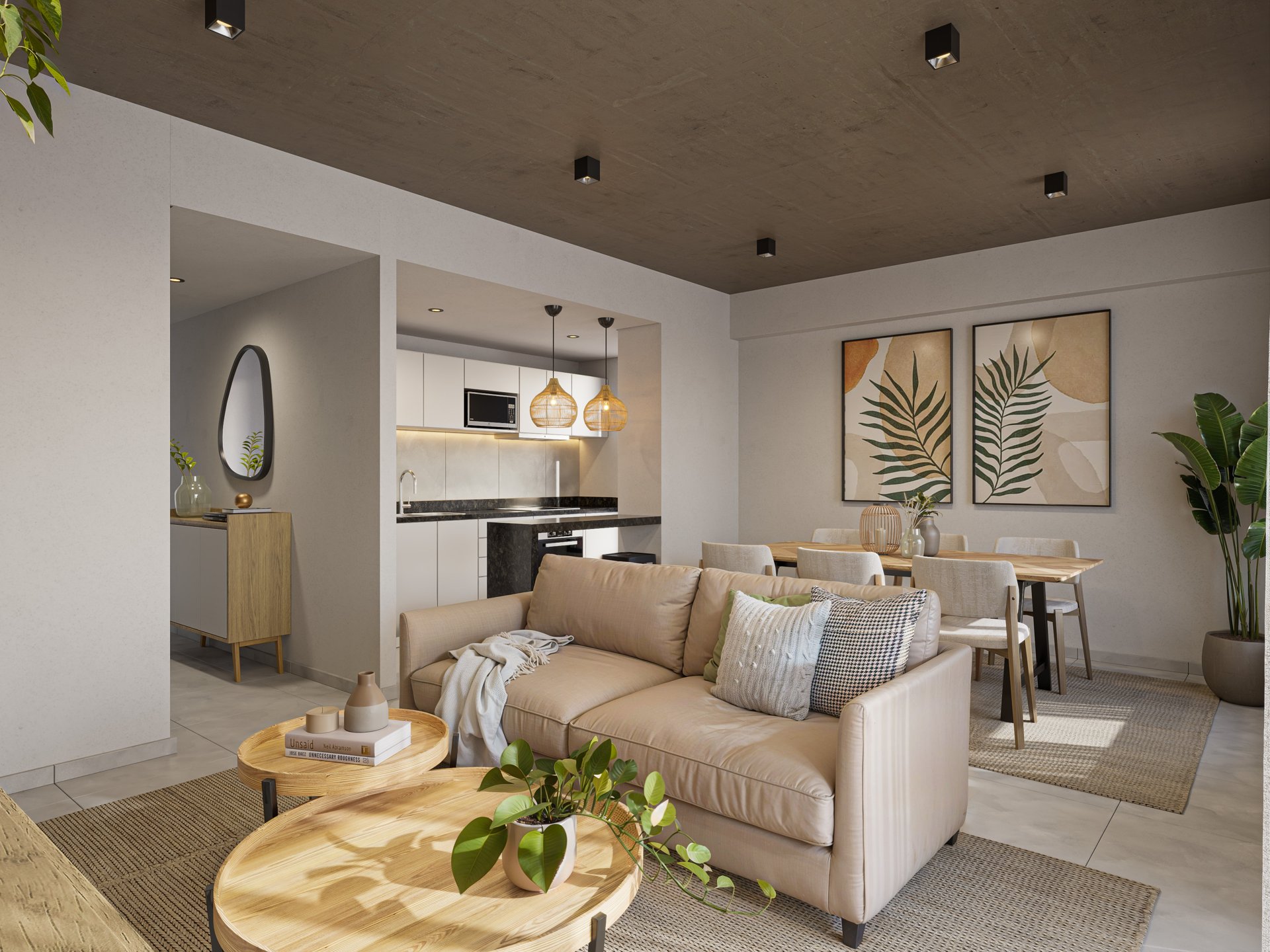 Living y comedor de una unidad de dos dormitorios