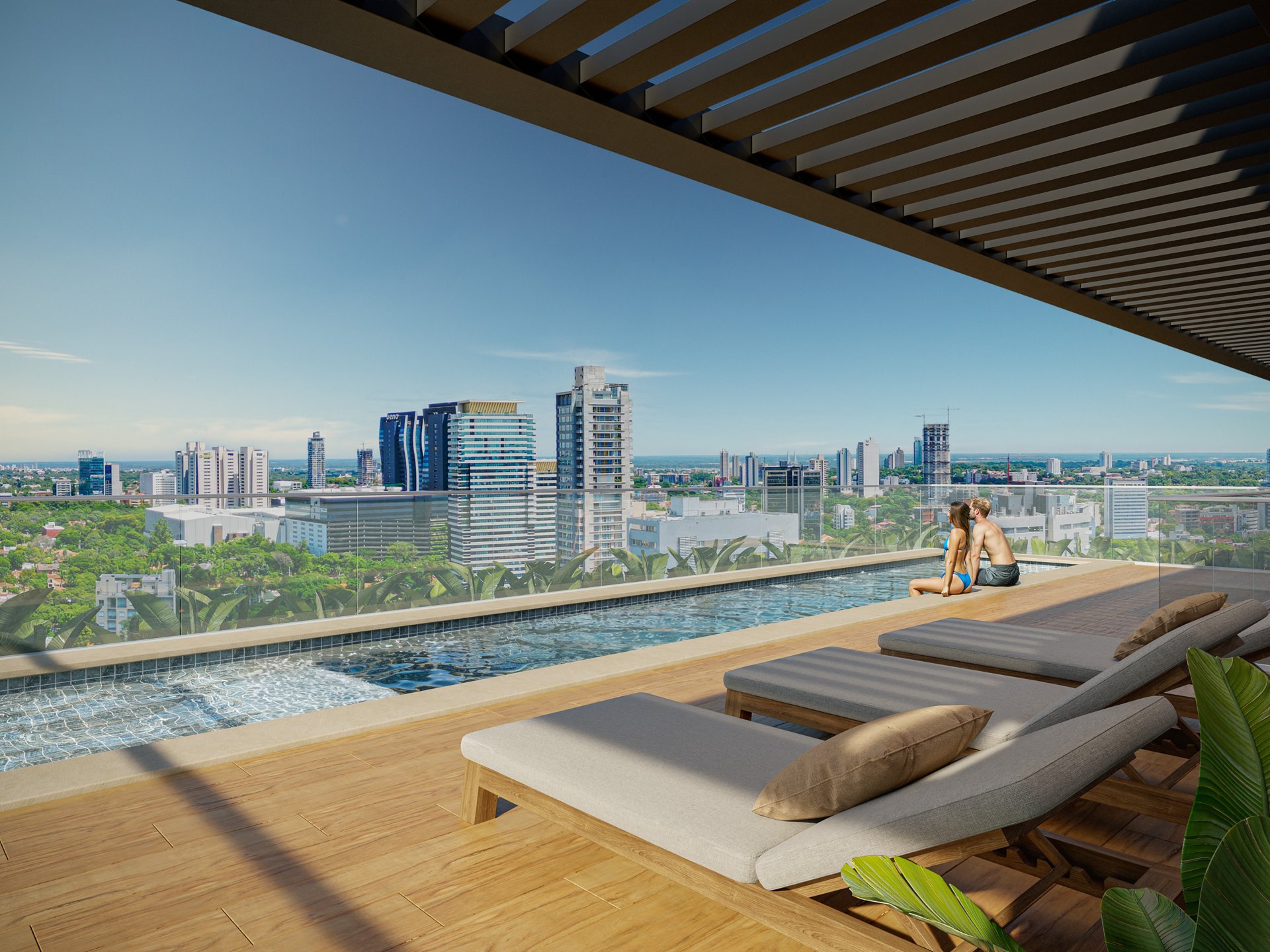 Piscina con solárium y vistas a Asunción
