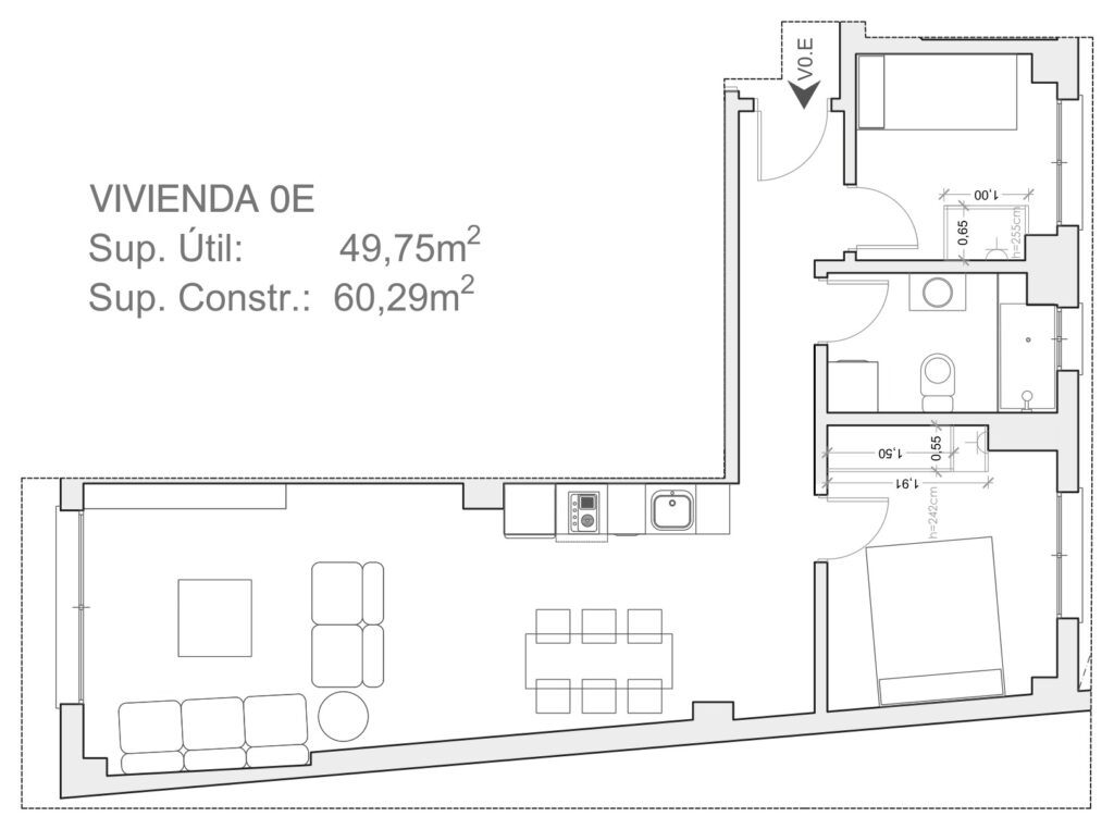 Plano de vivienda tipo, 49,75 m² útiles