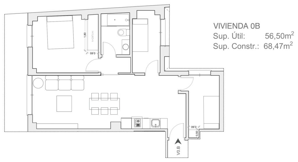 Plano de vivienda tipo, 56,5 m² útiles