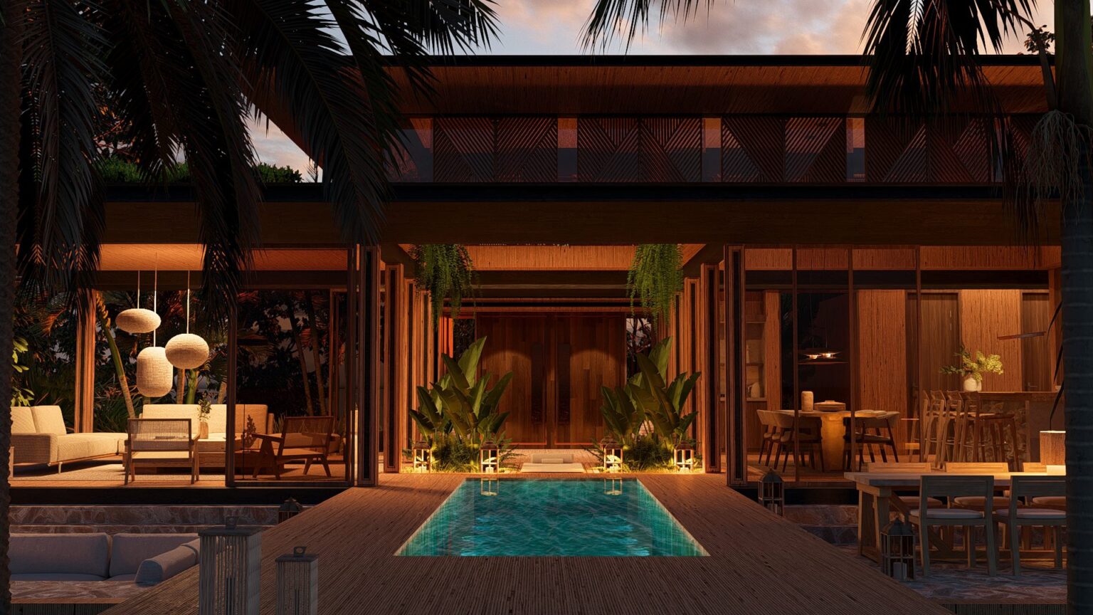 Casa de autor con piscina y cubierta vegetal al anochecer, recreación