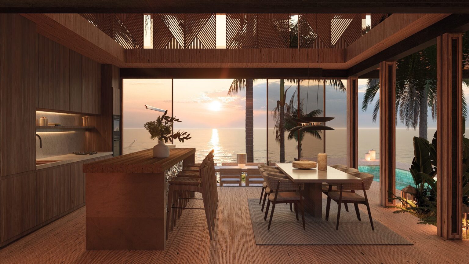 Cocina con isla y comedor abiertos al mar al atardecer, recreación de una casa de autor