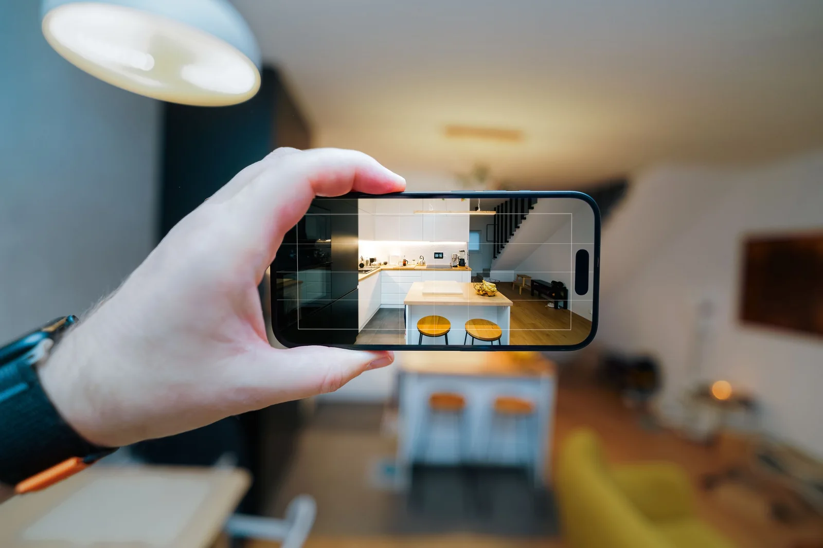 Mano que fotografía con el móvil la cocina de una vivienda para un anuncio de alquiler