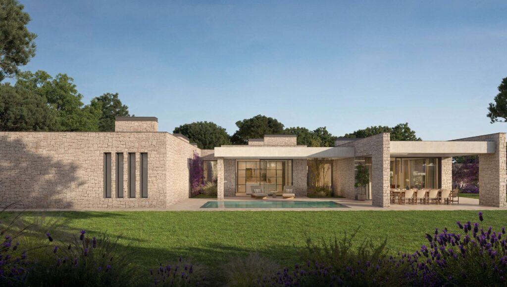 Villa de una sola planta en Boadilla con la piscina y el césped en primer término