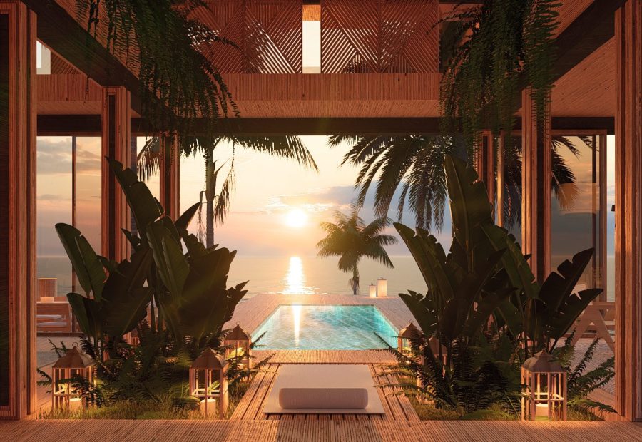 Piscina al atardecer, render